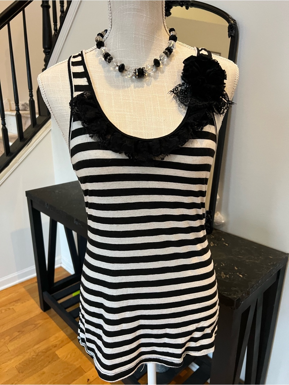 Black & White Striped Tank with Floral Shoulder Accent